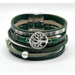 Greens Leather Wrap Bracelet Charm Pearl Magnet Buckle‎ Bracelet Tree Of Life
